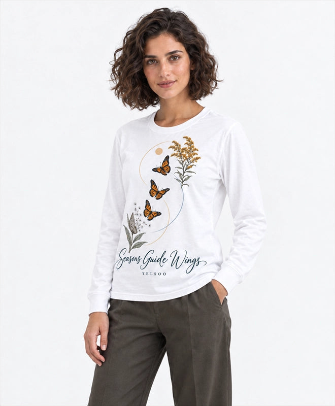 YELSOO men's Seasons Guide Wings Monarch Butterfly Long Sleeve Fishing Shirt in White — three-quarter model view