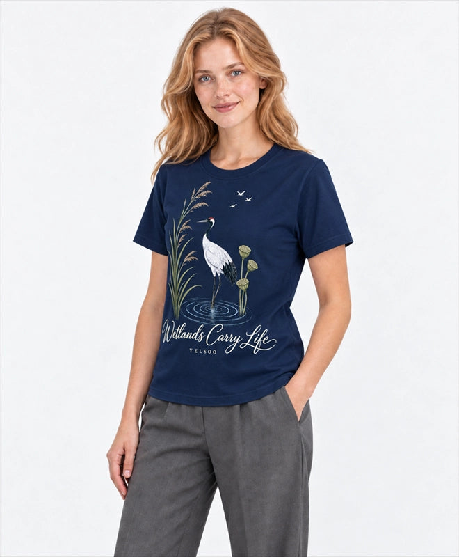 YELSOO men's Wetlands Carry Life Red-Crowned Crane Graphic Tee in Navy — three-quarter model view