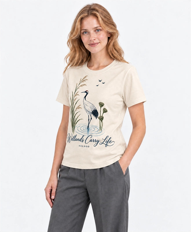 YELSOO men's Wetlands Carry Life Red-Crowned Crane Graphic Tee in Sand — three-quarter model view