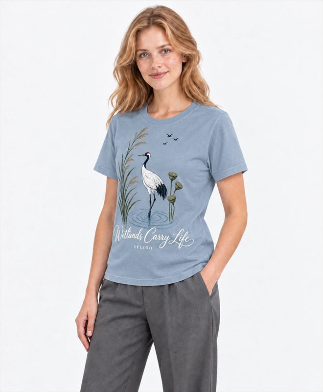 YELSOO men's Wetlands Carry Life Red-Crowned Crane Graphic Tee in Slate Blue — three-quarter model view