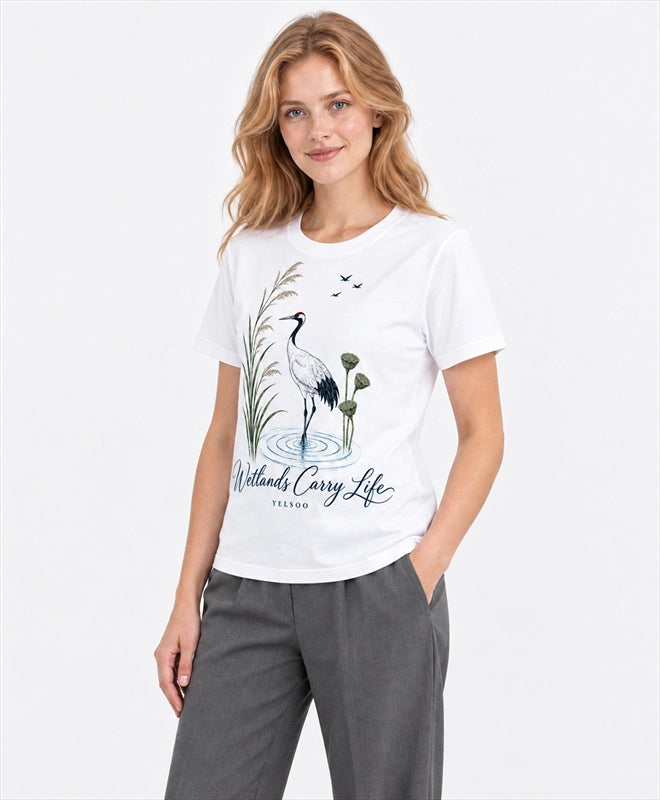 YELSOO men's Wetlands Carry Life Red-Crowned Crane Graphic Tee in White — three-quarter model view