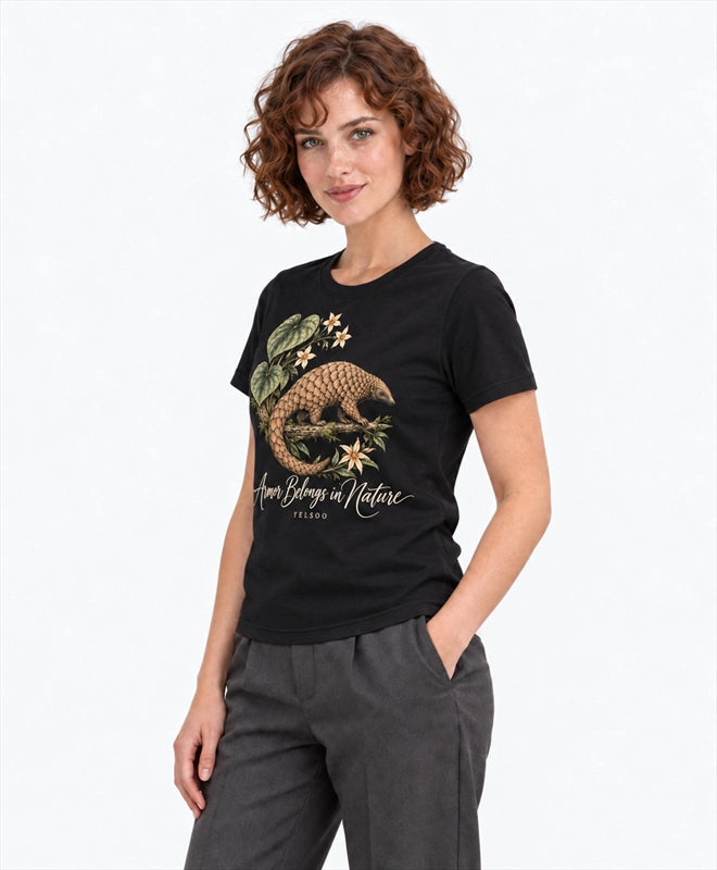 YELSOO women's Armor Belongs in Nature Pangolin Graphic Tee in Black — three-quarter model view