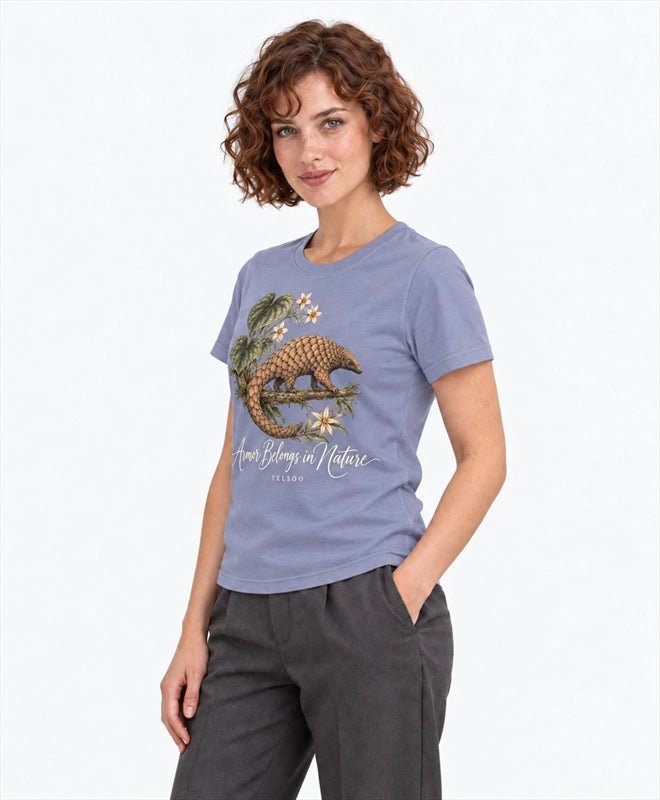 YELSOO women's Armor Belongs in Nature Pangolin Graphic Tee in Dusty Blue Violet — three-quarter model view