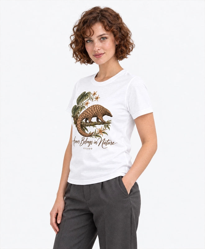 YELSOO women's Armor Belongs in Nature Pangolin Graphic Tee in White — three-quarter model view