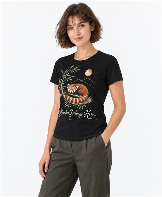 YELSOO women's Bamboo Belongs Here Red Panda Graphic Tee in Black — three-quarter model view