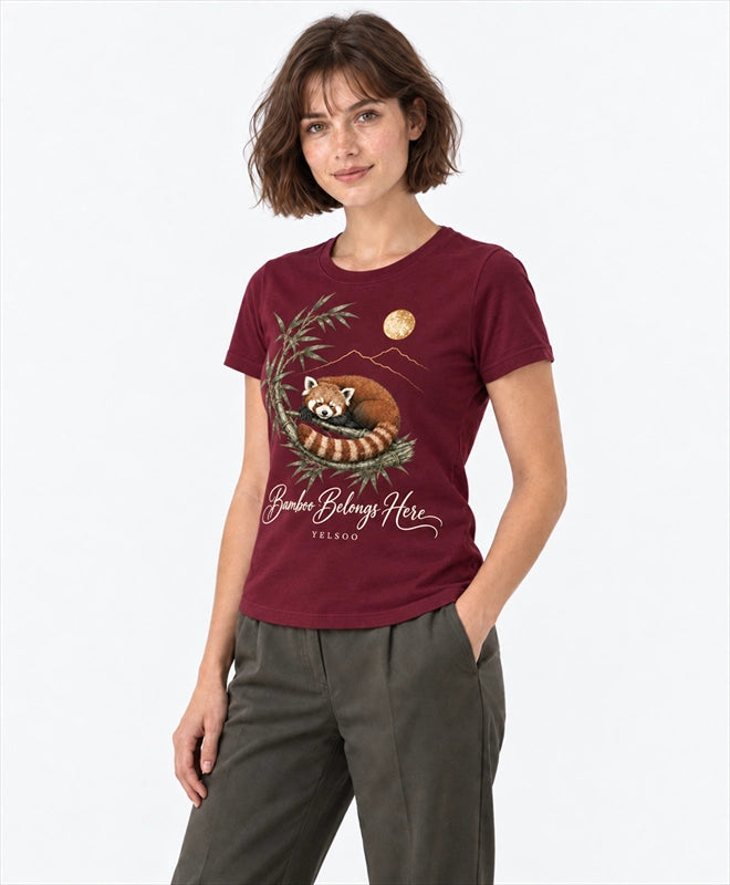 YELSOO women's Bamboo Belongs Here Red Panda Graphic Tee in Burgundy — three-quarter model view