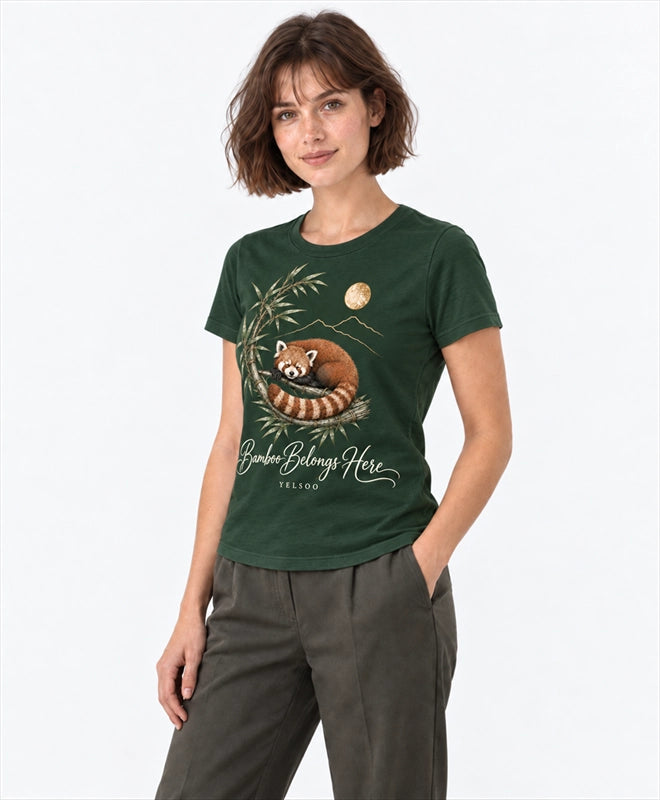 YELSOO women's Bamboo Belongs Here Red Panda Graphic Tee in Forest Green — three-quarter model view