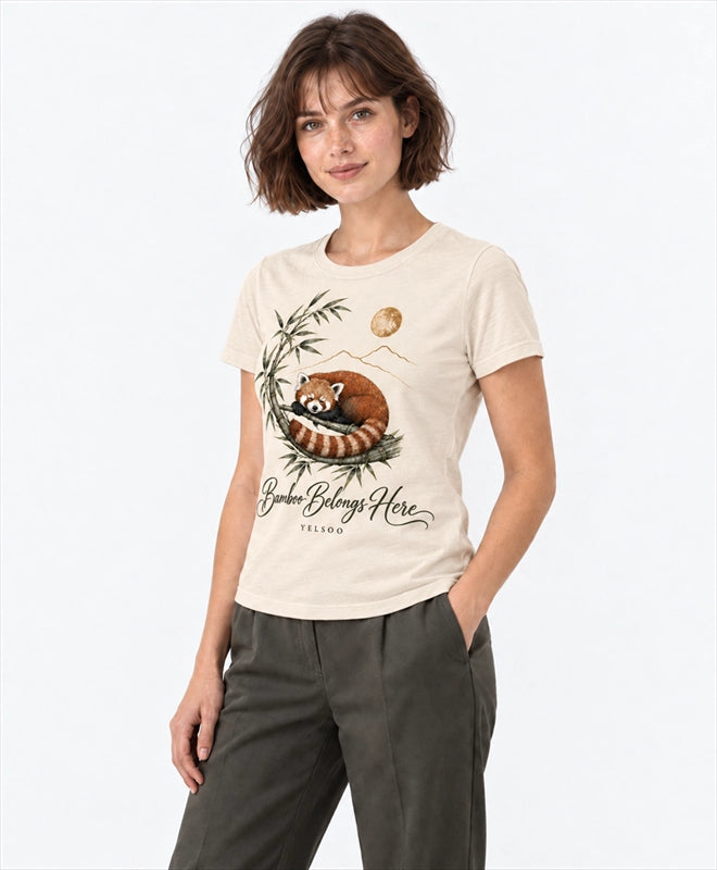 YELSOO women's Bamboo Belongs Here Red Panda Graphic Tee in Sand — three-quarter model view