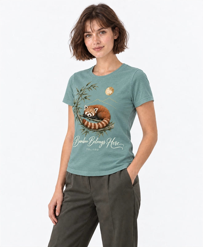 YELSOO women's Bamboo Belongs Here Red Panda Graphic Tee in Soft Teal — three-quarter model view