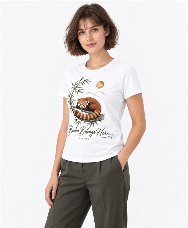 YELSOO women's Bamboo Belongs Here Red Panda Graphic Tee in White — three-quarter model view
