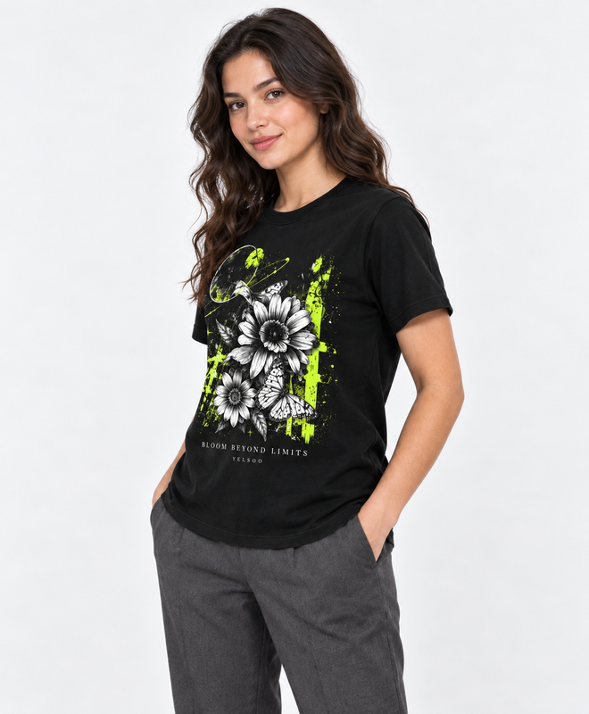 Bloom Beyond Limits Graphic Tee — women's model, three-quarter view