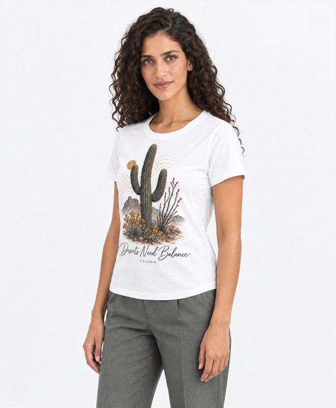 YELSOO women's Deserts Need Balance Saguaro Cactus Graphic Tee in Forest Green — three-quarter model view