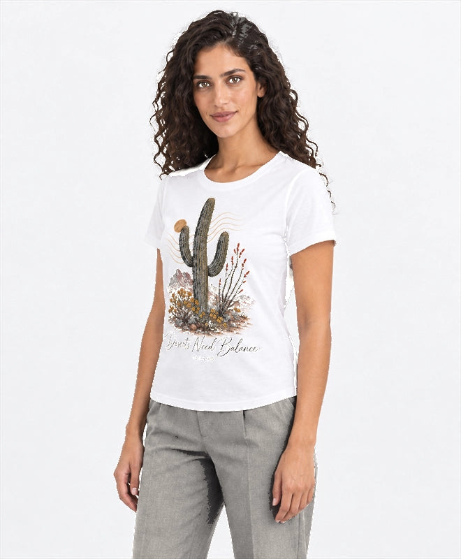 YELSOO women's Deserts Need Balance Saguaro Cactus Graphic Tee in Sand — three-quarter model view