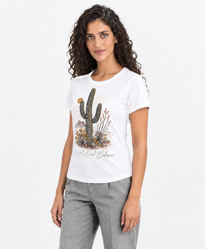 YELSOO women's Deserts Need Balance Saguaro Cactus Graphic Tee in Terracotta — three-quarter model view