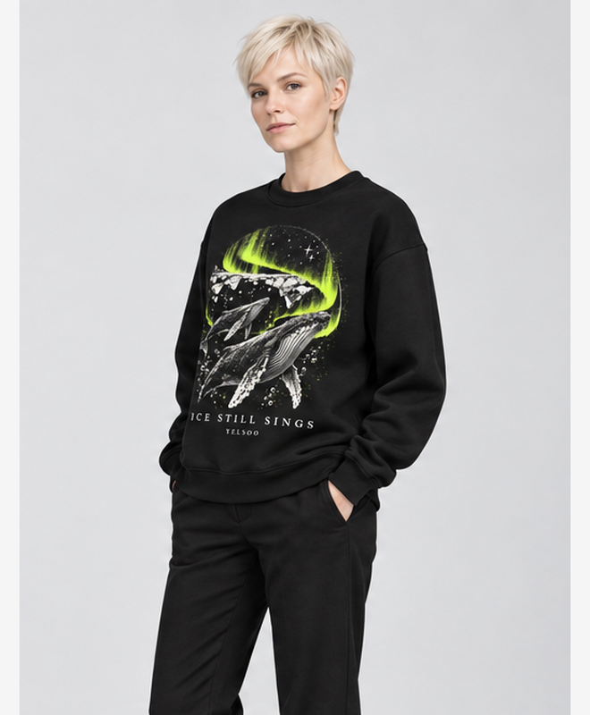 Ice Still Sings Crewneck Sweatshirt — women's model, three-quarter view