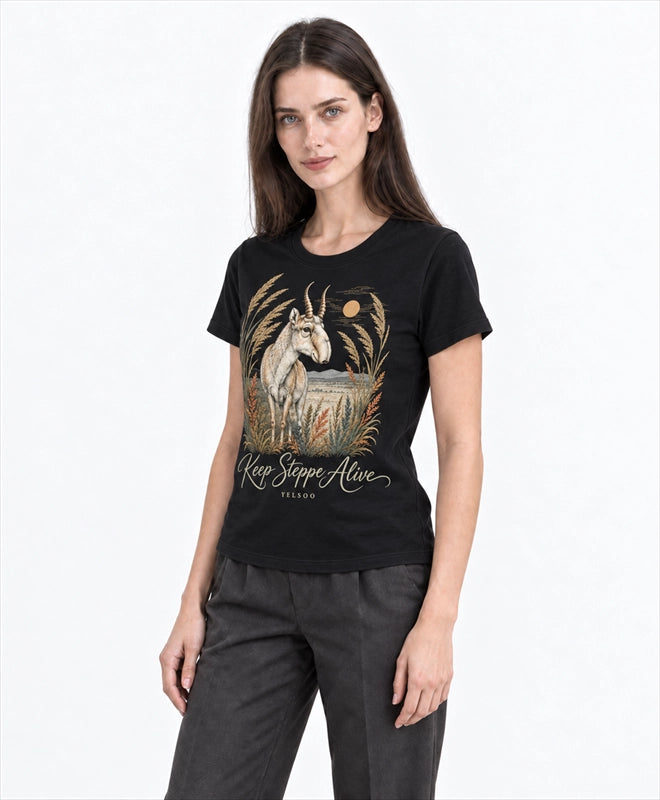 YELSOO women's Keep Steppe Alive Saiga Antelope Graphic Tee in Black — three-quarter model view