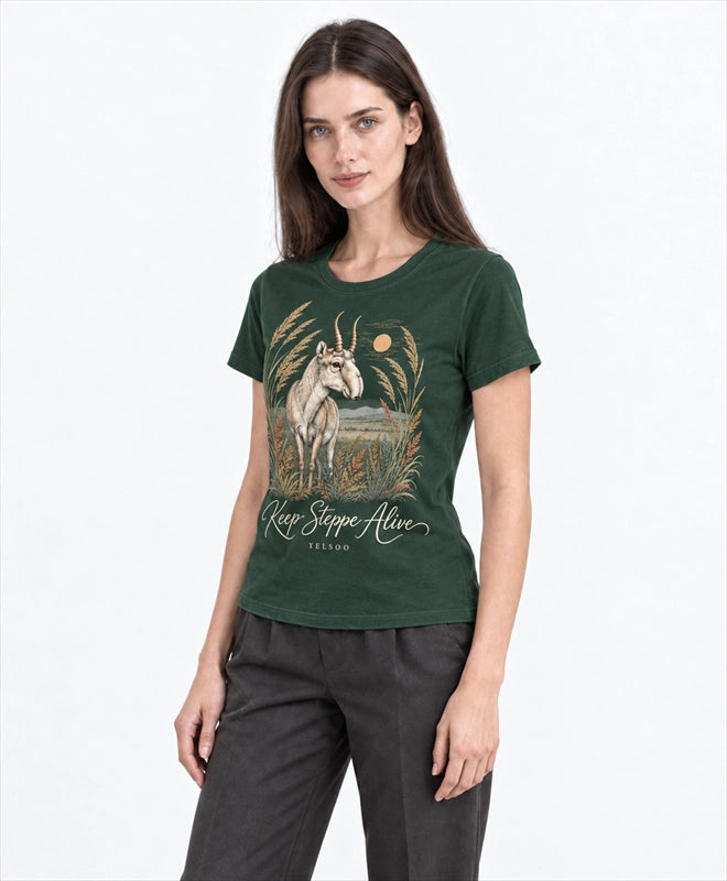 YELSOO women's Keep Steppe Alive Saiga Antelope Graphic Tee in Forest Green — three-quarter model view