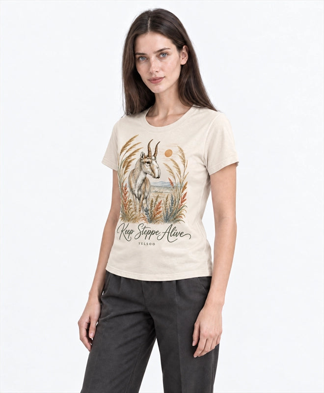 YELSOO women's Keep Steppe Alive Saiga Antelope Graphic Tee in Sand — three-quarter model view