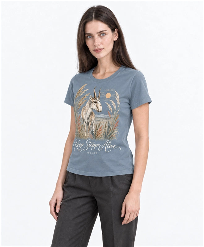 YELSOO women's Keep Steppe Alive Saiga Antelope Graphic Tee in Slate Blue — three-quarter model view