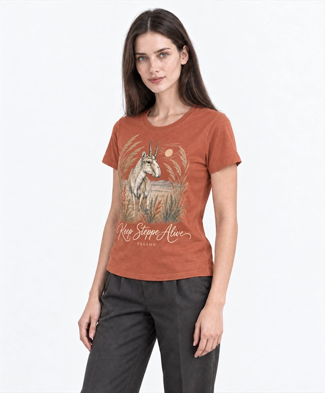 YELSOO women's Keep Steppe Alive Saiga Antelope Graphic Tee in Terracotta — three-quarter model view