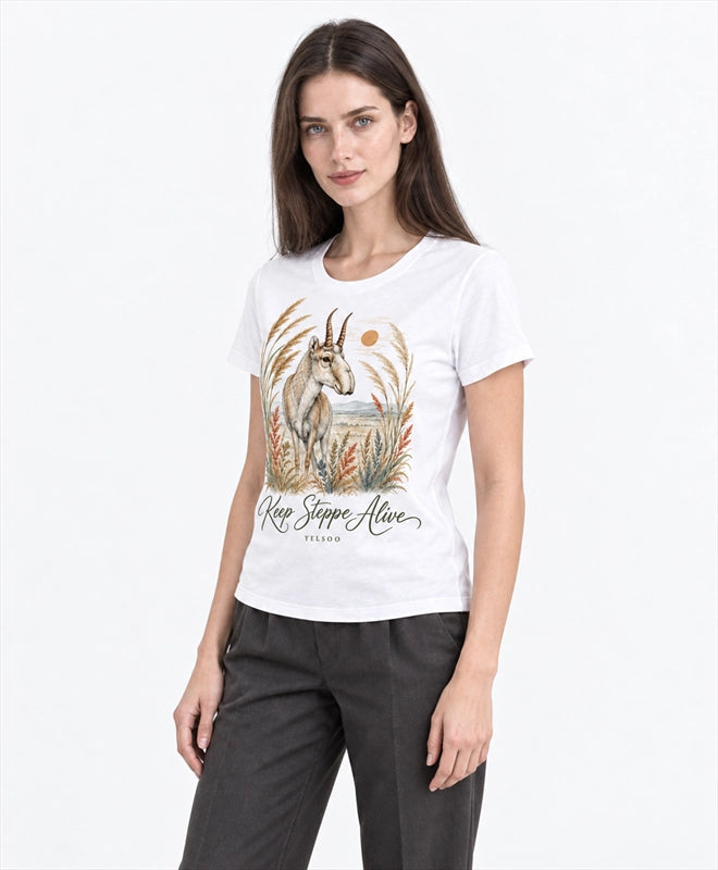 YELSOO women's Keep Steppe Alive Saiga Antelope Graphic Tee in White — three-quarter model view