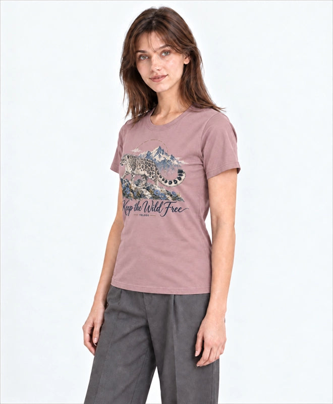 YELSOO women's Keep the Wild Free Snow Leopard Graphic Tee in Dusty Pink — three-quarter model view