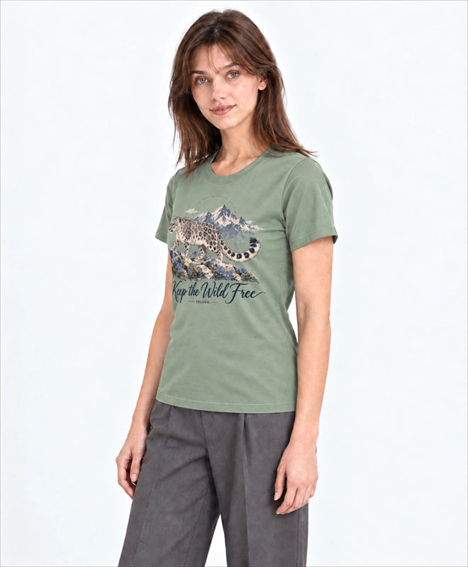 YELSOO women's Keep the Wild Free Snow Leopard Graphic Tee in Sage Green — three-quarter model view