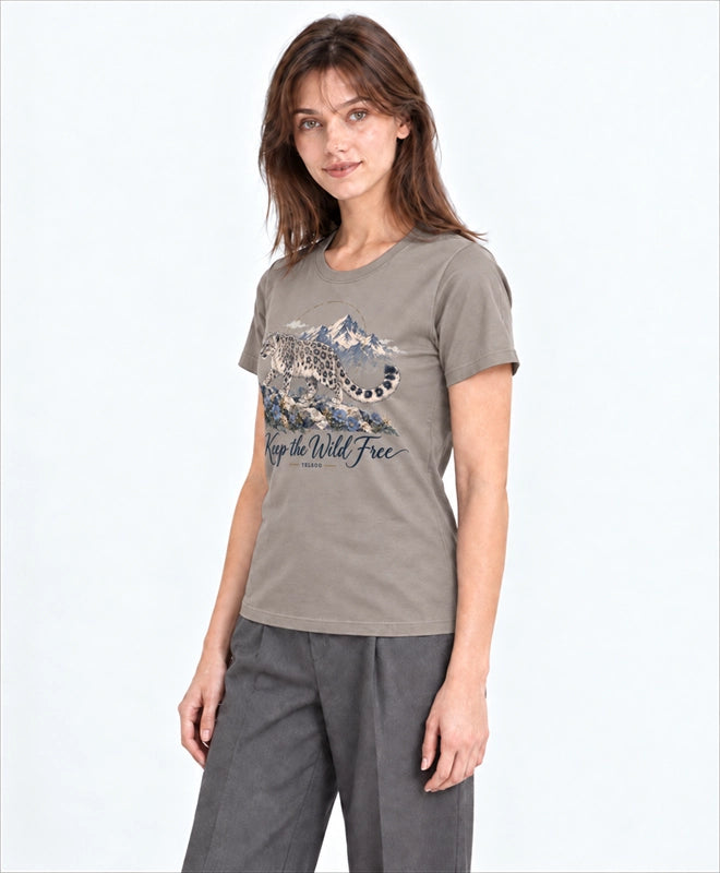 YELSOO women's Keep the Wild Free Snow Leopard Graphic Tee in Stone Taupe — three-quarter model view