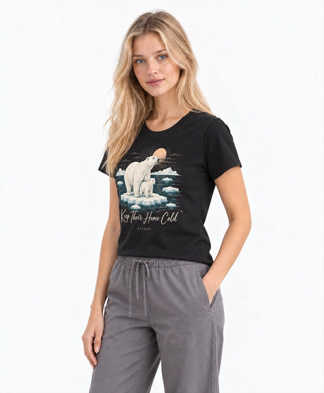 YELSOO women's Keep Their Home Cold Polar Bear Graphic Tee in Black — three-quarter model view