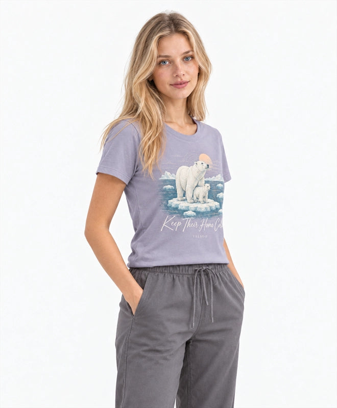 YELSOO women's Keep Their Home Cold Polar Bear Graphic Tee in Dusty Purple — three-quarter model view