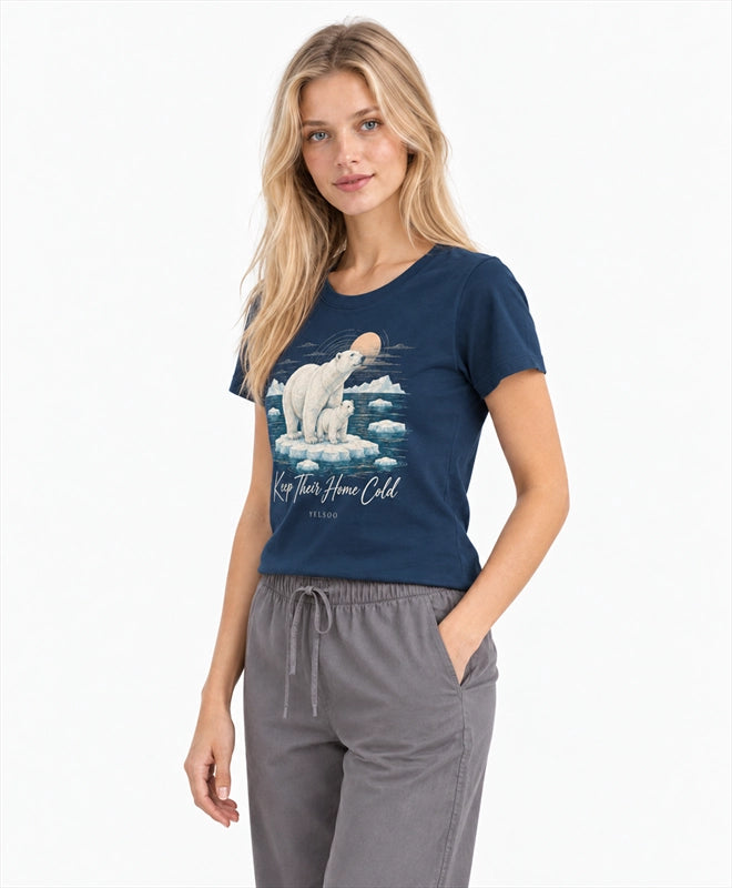 YELSOO women's Keep Their Home Cold Polar Bear Graphic Tee in Navy — three-quarter model view
