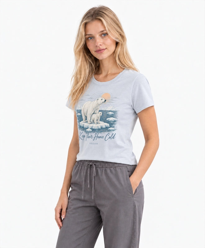 YELSOO women's Keep Their Home Cold Polar Bear Graphic Tee in Silver Gray — three-quarter model view