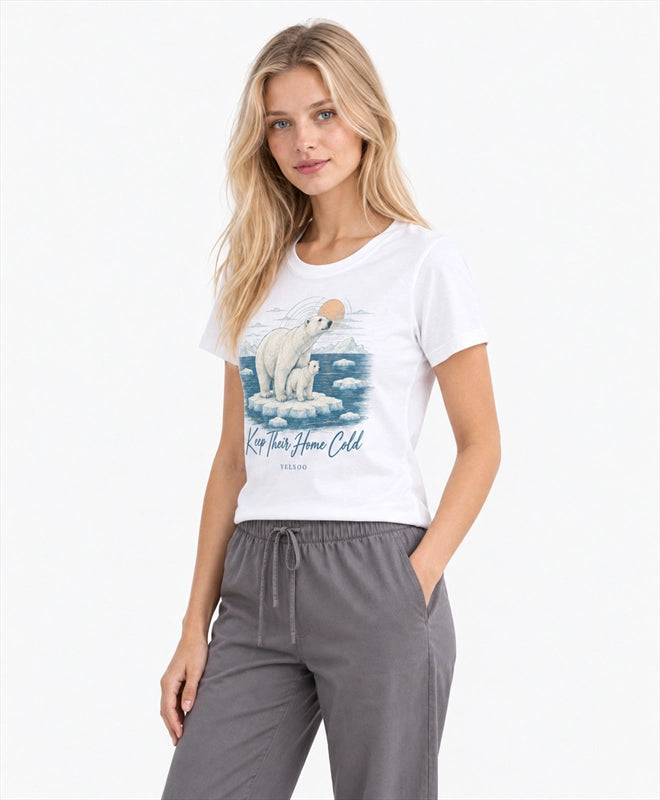 YELSOO women's Keep Their Home Cold Polar Bear Graphic Tee in White — three-quarter model view