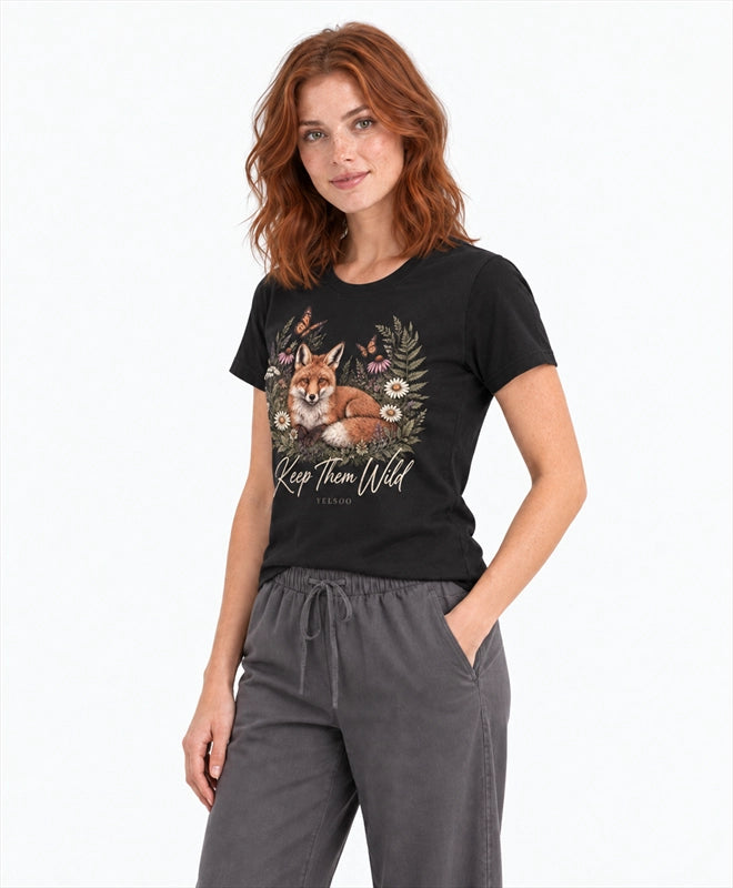YELSOO women's Keep Them Wild Fox Graphic Tee in Black — three-quarter model view