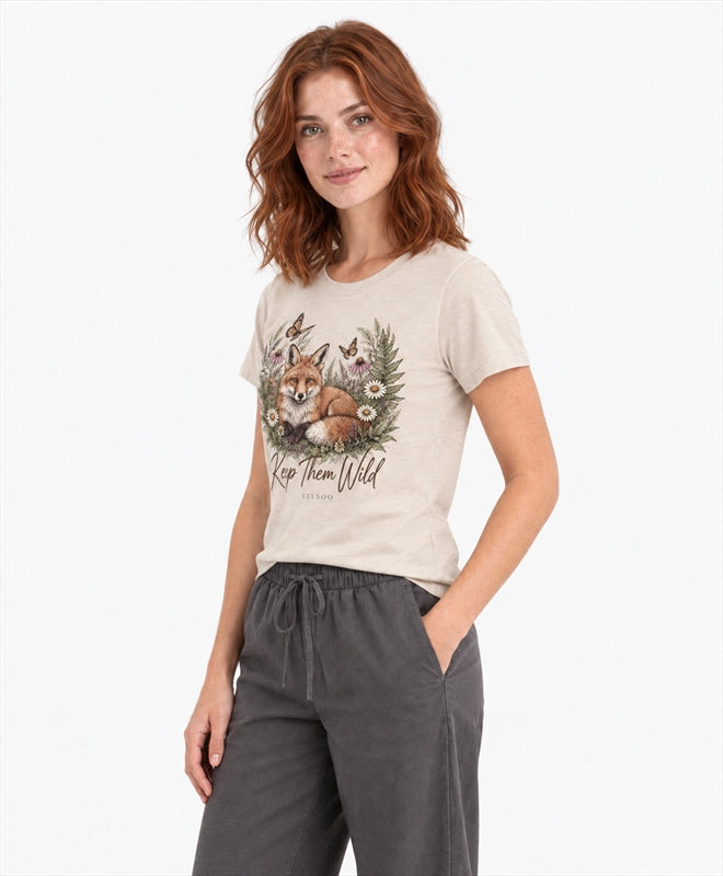 YELSOO women's Keep Them Wild Fox Graphic Tee in Oatmeal — three-quarter model view