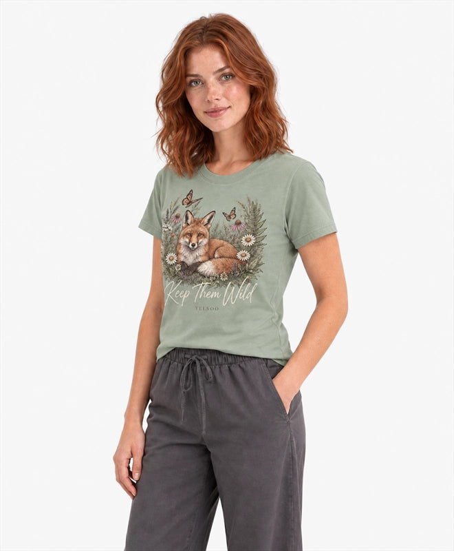YELSOO women's Keep Them Wild Fox Graphic Tee in Sage Green — three-quarter model view