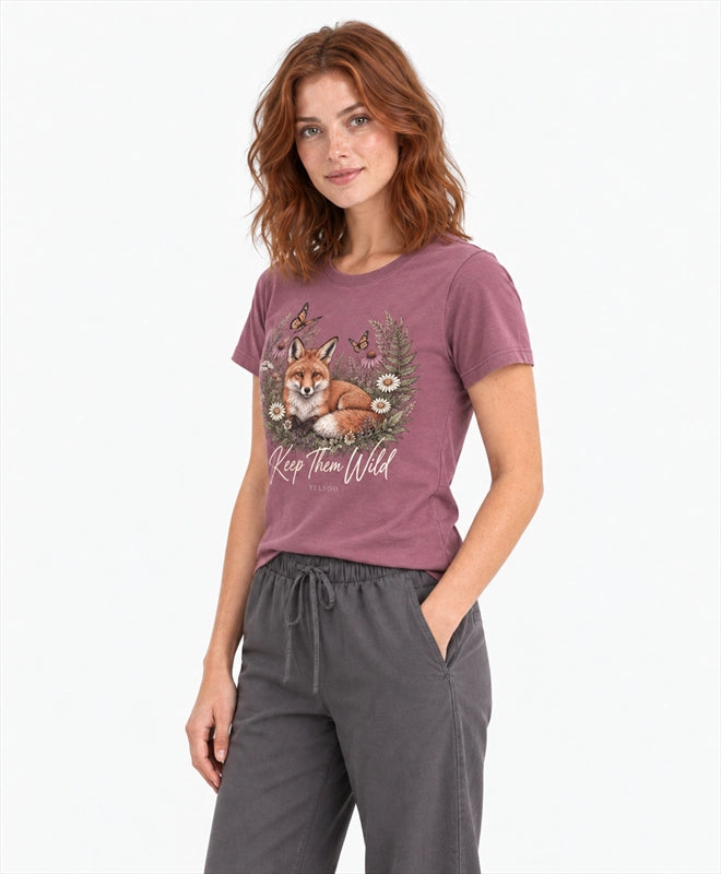 YELSOO women's Keep Them Wild Fox Graphic Tee in Smoky Mauve — three-quarter model view