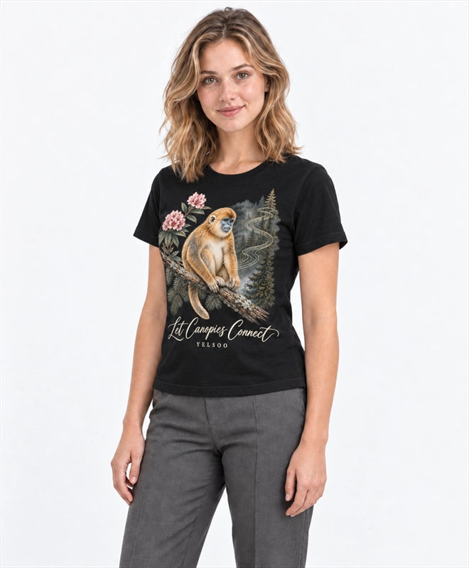 YELSOO women's Let Canopies Connect Golden Snub-Nosed Monkey Graphic Tee in Black — three-quarter model view