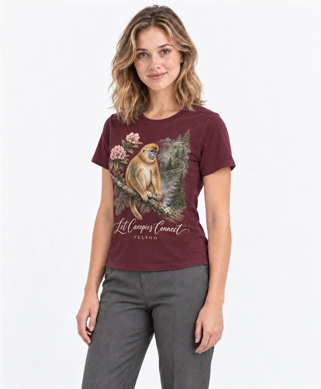 YELSOO women's Let Canopies Connect Golden Snub-Nosed Monkey Graphic Tee in Burgundy — three-quarter model view