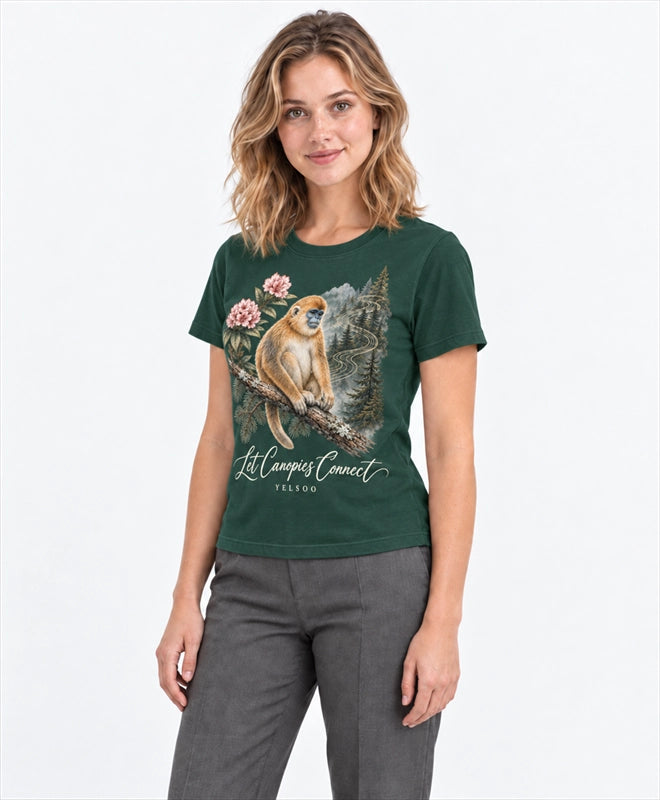 YELSOO women's Let Canopies Connect Golden Snub-Nosed Monkey Graphic Tee in Forest Green — three-quarter model view