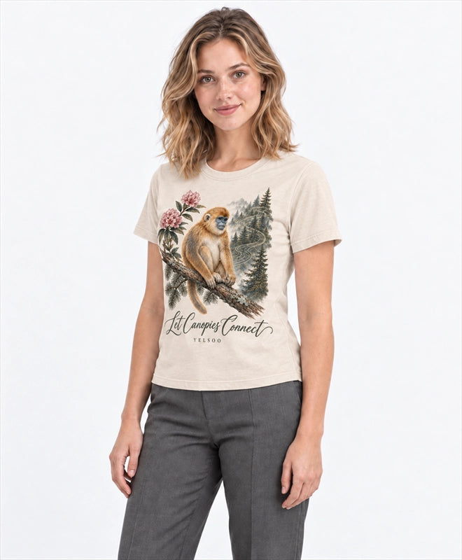 YELSOO women's Let Canopies Connect Golden Snub-Nosed Monkey Graphic Tee in Sand — three-quarter model view
