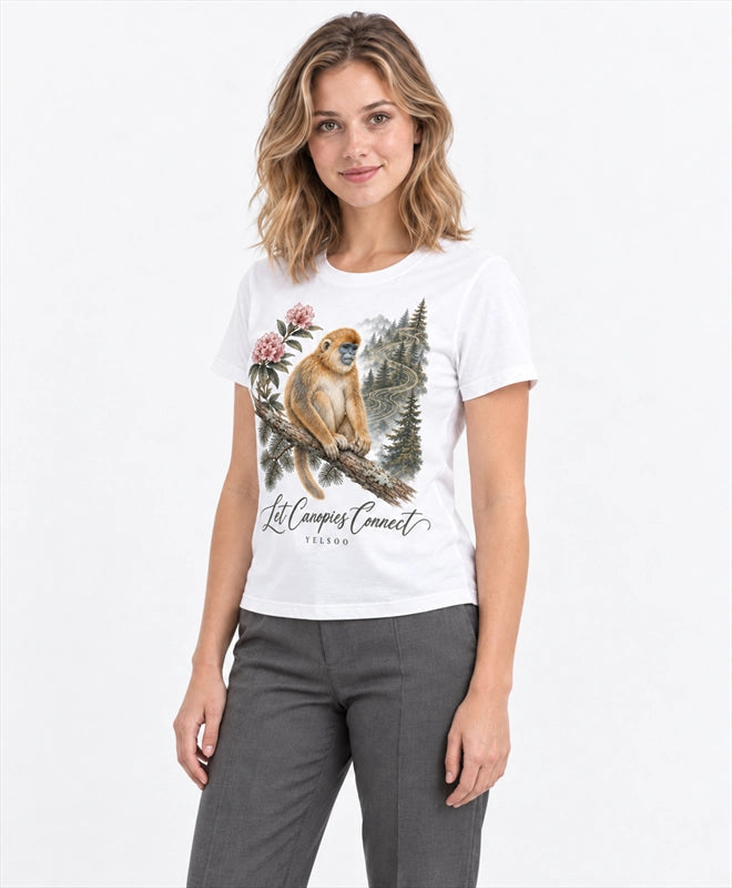 YELSOO women's Let Canopies Connect Golden Snub-Nosed Monkey Graphic Tee in White — three-quarter model view