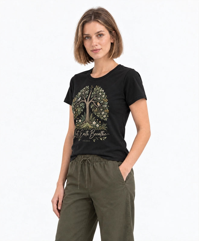 YELSOO women's Let Earth Breathe Forest Graphic Tee in Black — three-quarter model view