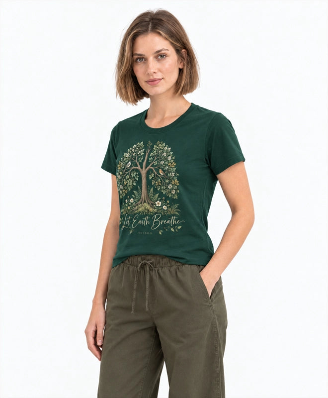 YELSOO women's Let Earth Breathe Forest Graphic Tee in Forest Green — three-quarter model view