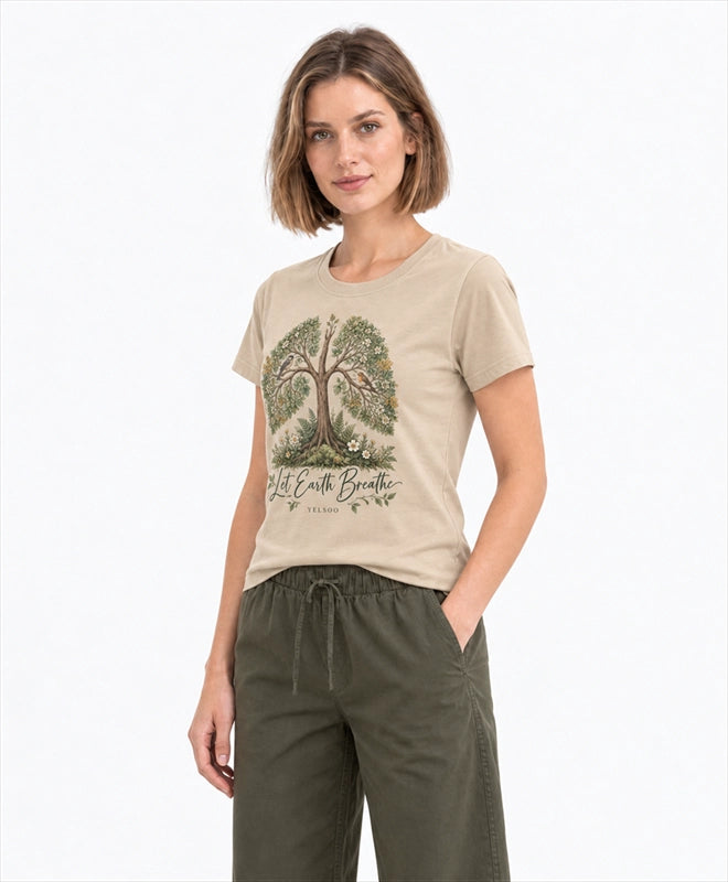 YELSOO women's Let Earth Breathe Forest Graphic Tee in Sand — three-quarter model view