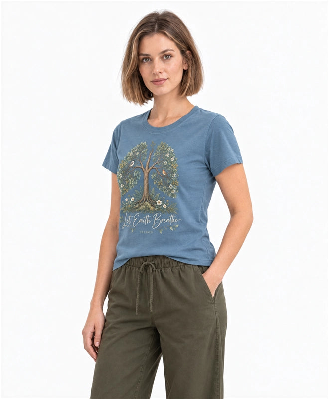 YELSOO women's Let Earth Breathe Forest Graphic Tee in Slate Blue — three-quarter model view
