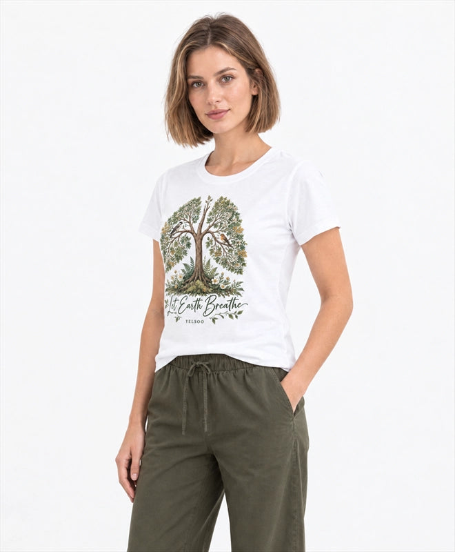 YELSOO women's Let Earth Breathe Forest Graphic Tee in White — three-quarter model view