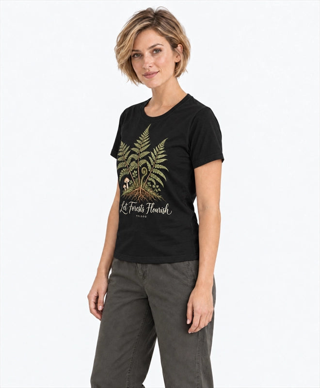 YELSOO women's Let Forests Flourish Fern Graphic Tee in Black — three-quarter model view