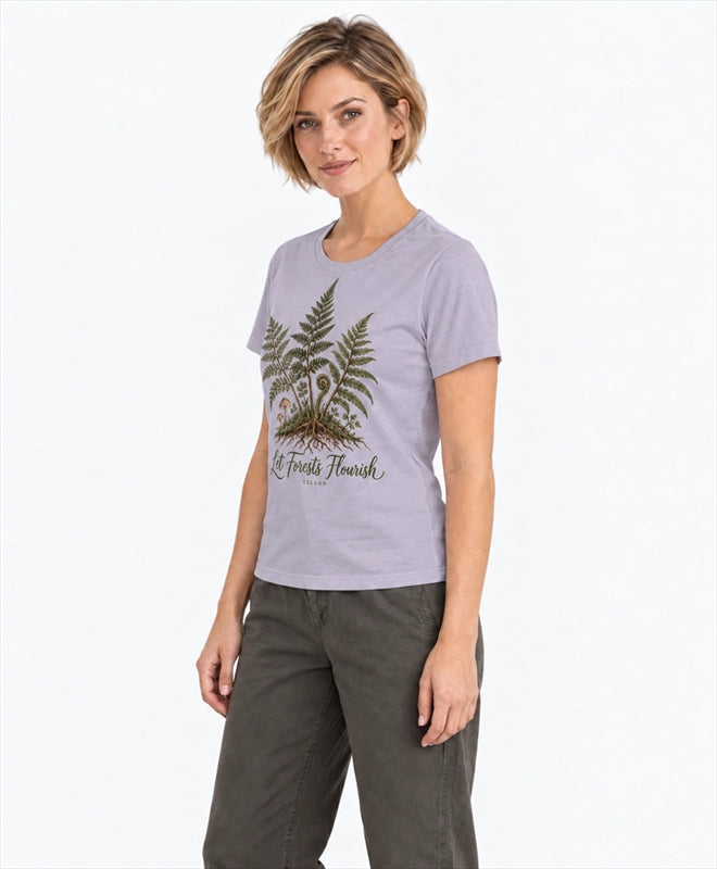 YELSOO women's Let Forests Flourish Fern Graphic Tee in Dusty Lilac — three-quarter model view