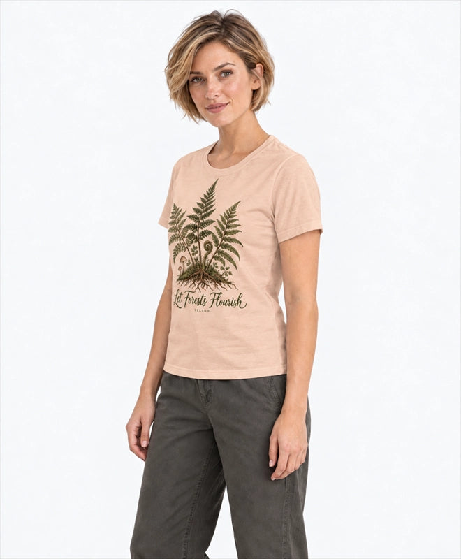 YELSOO women's Let Forests Flourish Fern Graphic Tee in Misty Apricot — three-quarter model view